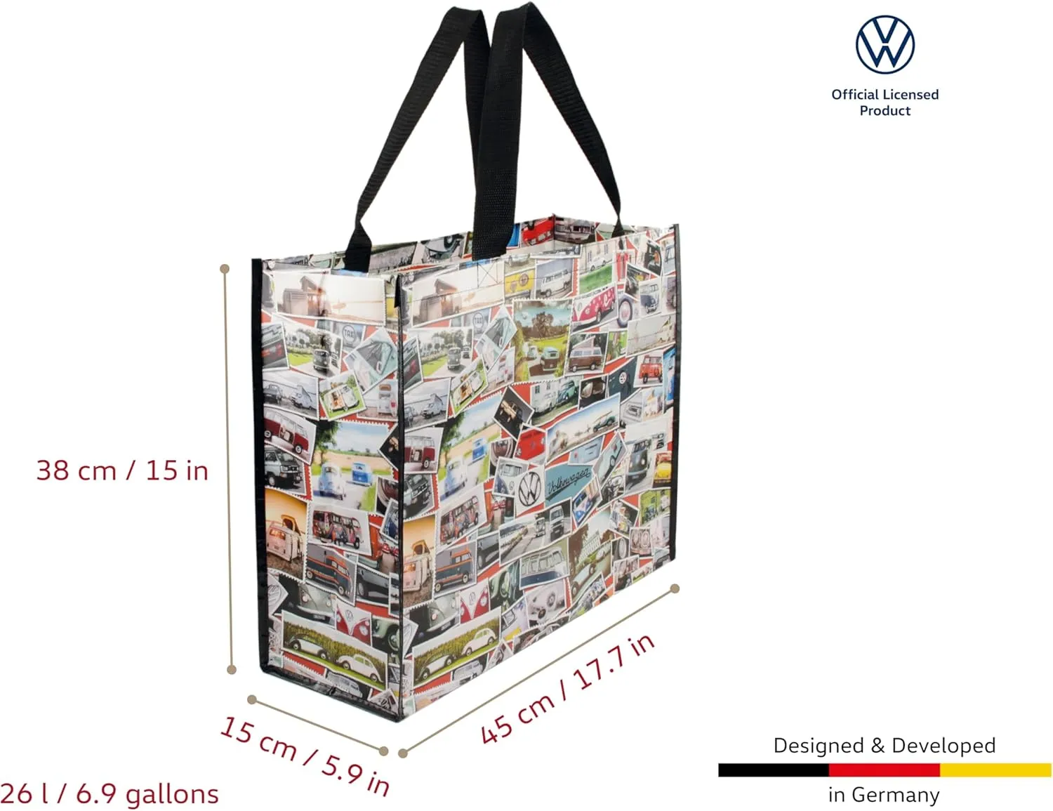 BRISA VW Collection - Volkswagen Reusable Polyester Shopping Bag Grocery Sack with T1 Bus Campervan Motif