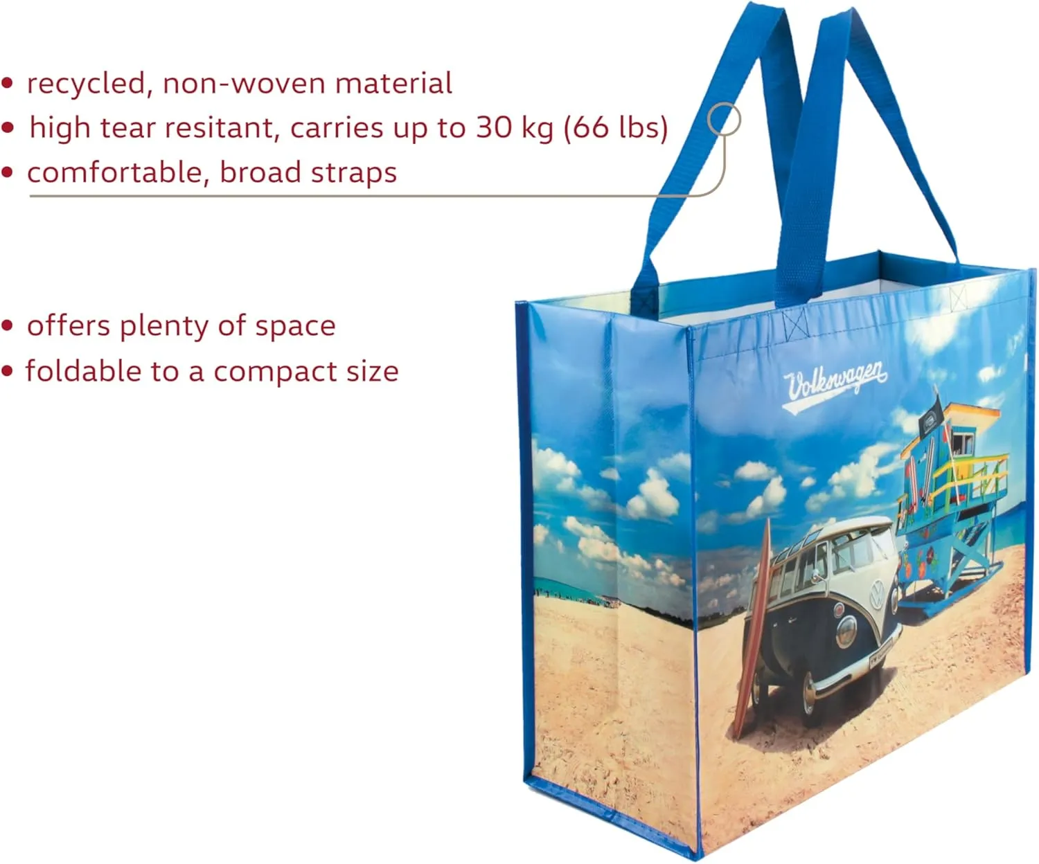 BRISA VW Collection - Volkswagen Reusable Polyester Shopping Bag Grocery Sack with T1 Bus Campervan Motif