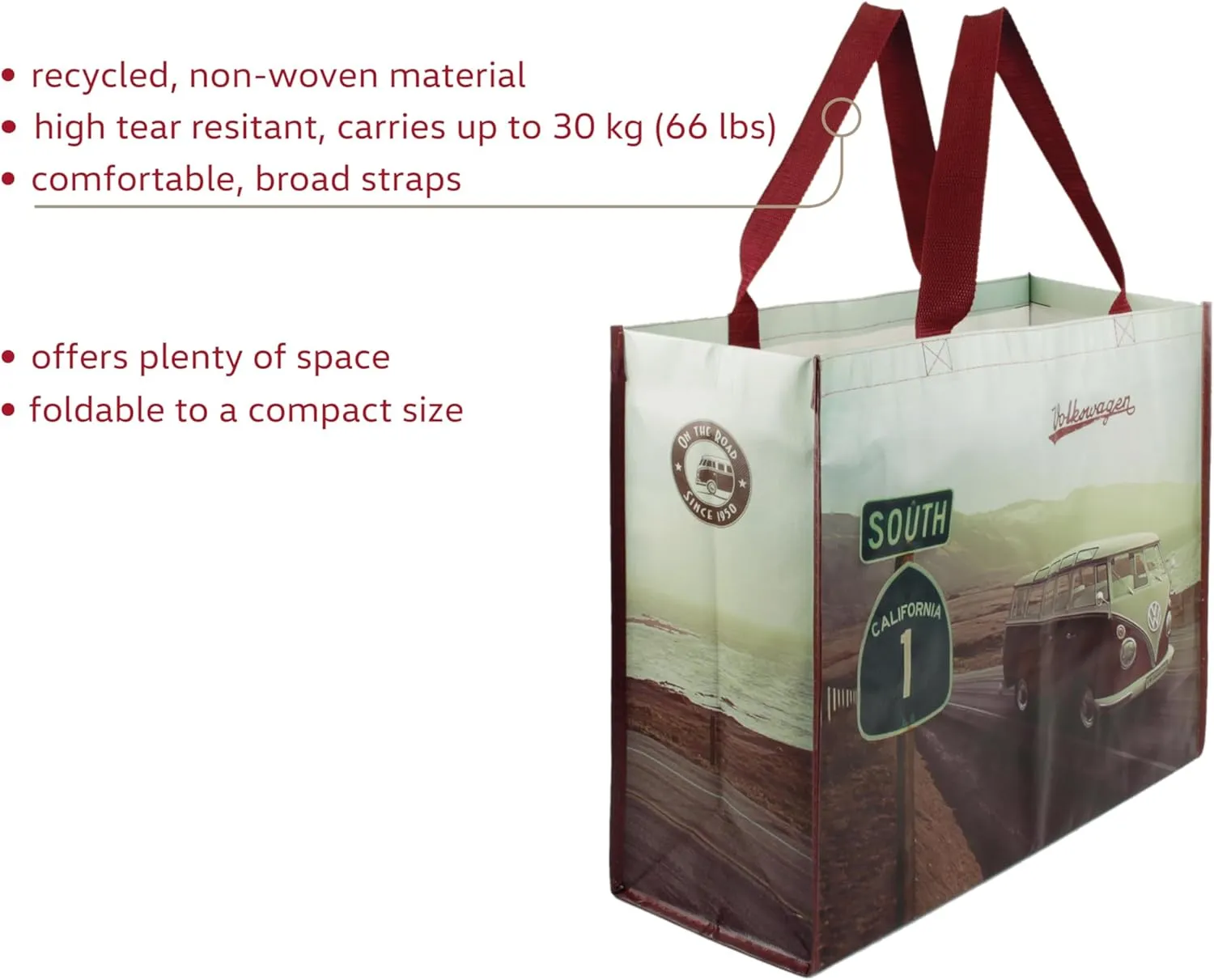 BRISA VW Collection - Volkswagen Reusable Polyester Shopping Bag Grocery Sack with T1 Bus Campervan Motif