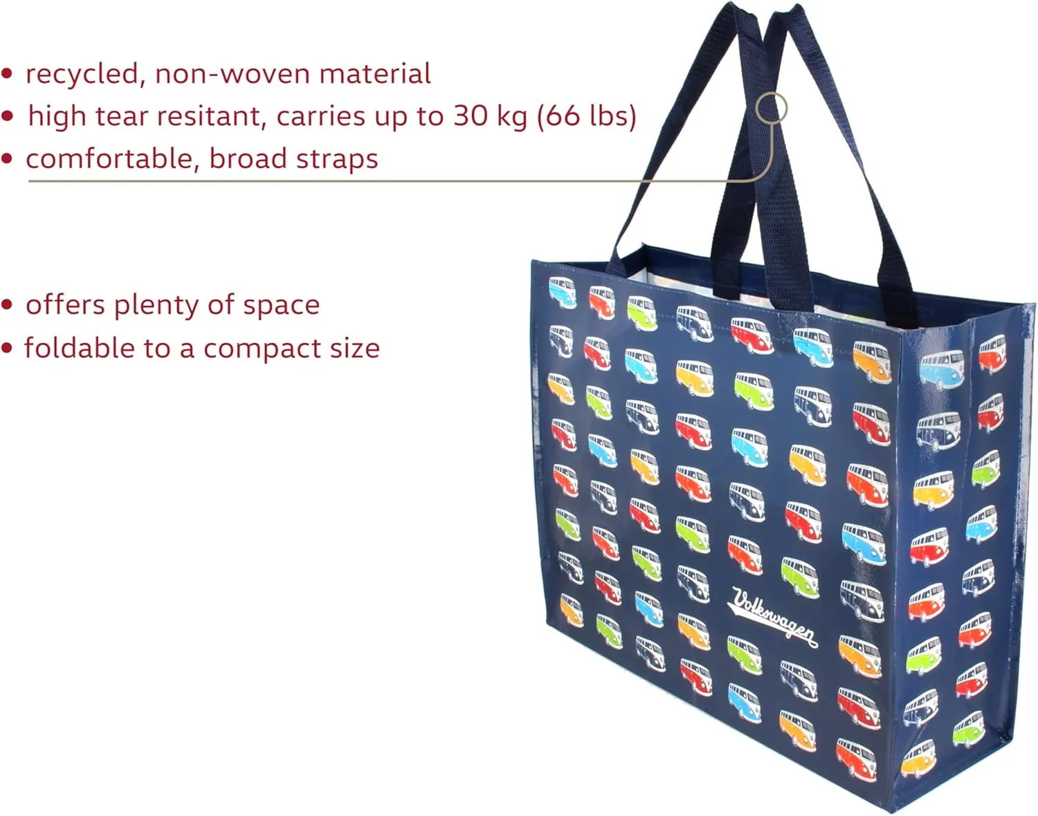 BRISA VW Collection - Volkswagen Reusable Polyester Shopping Bag Grocery Sack with T1 Bus Campervan Motif