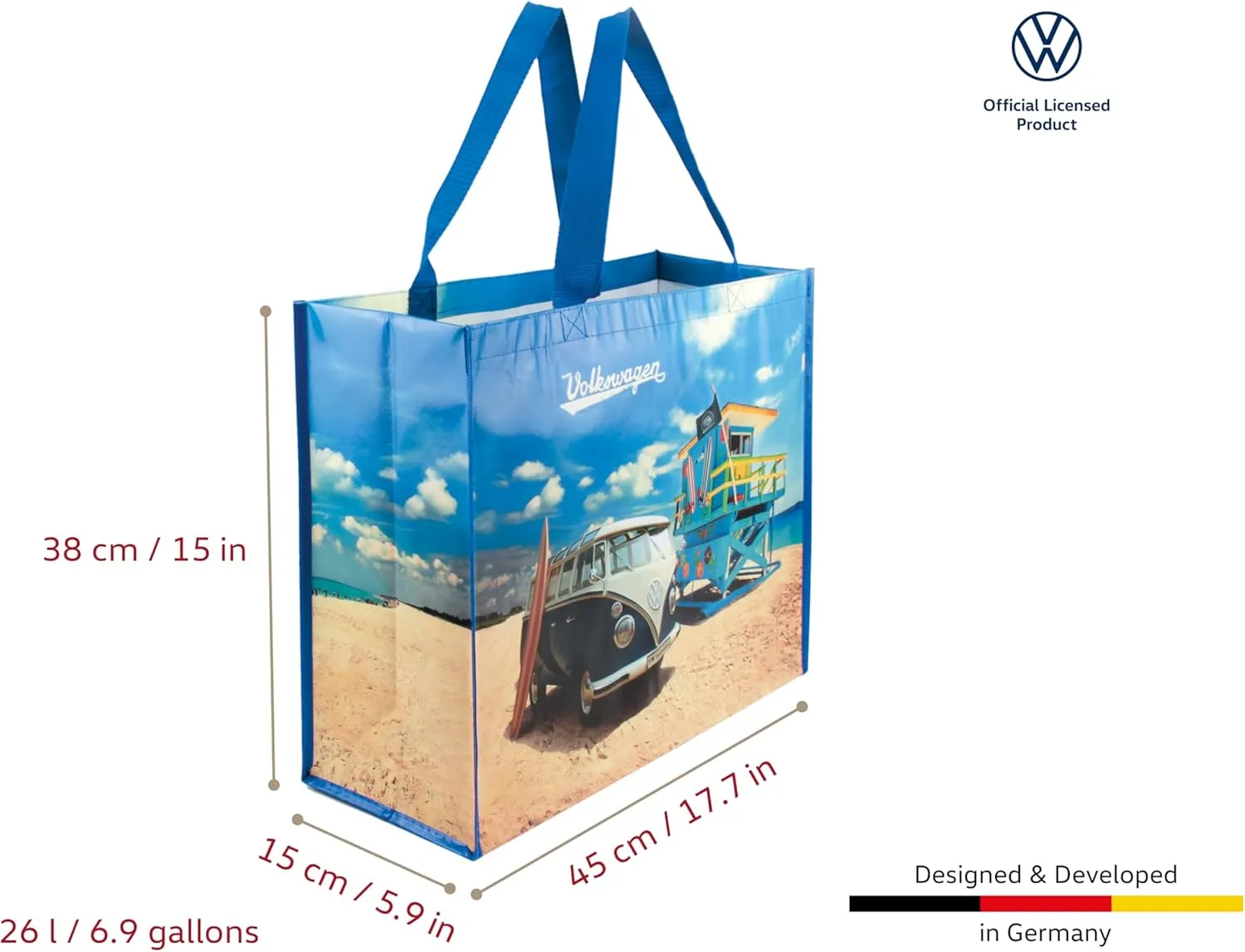 BRISA VW Collection - Volkswagen Reusable Polyester Shopping Bag Grocery Sack with T1 Bus Campervan Motif