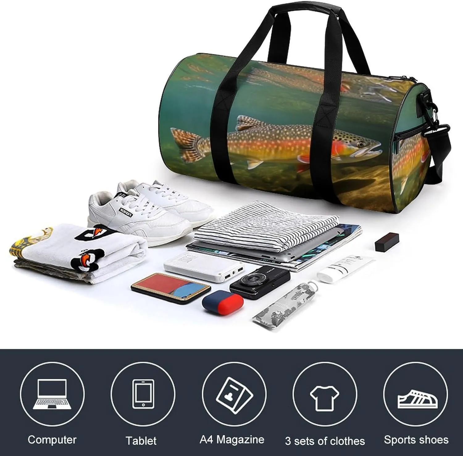 Brook Trout Fly Fishing Gym Bag Small Travel Duffle Bag with Compartment Carry On Weekender Bag for Women Men
