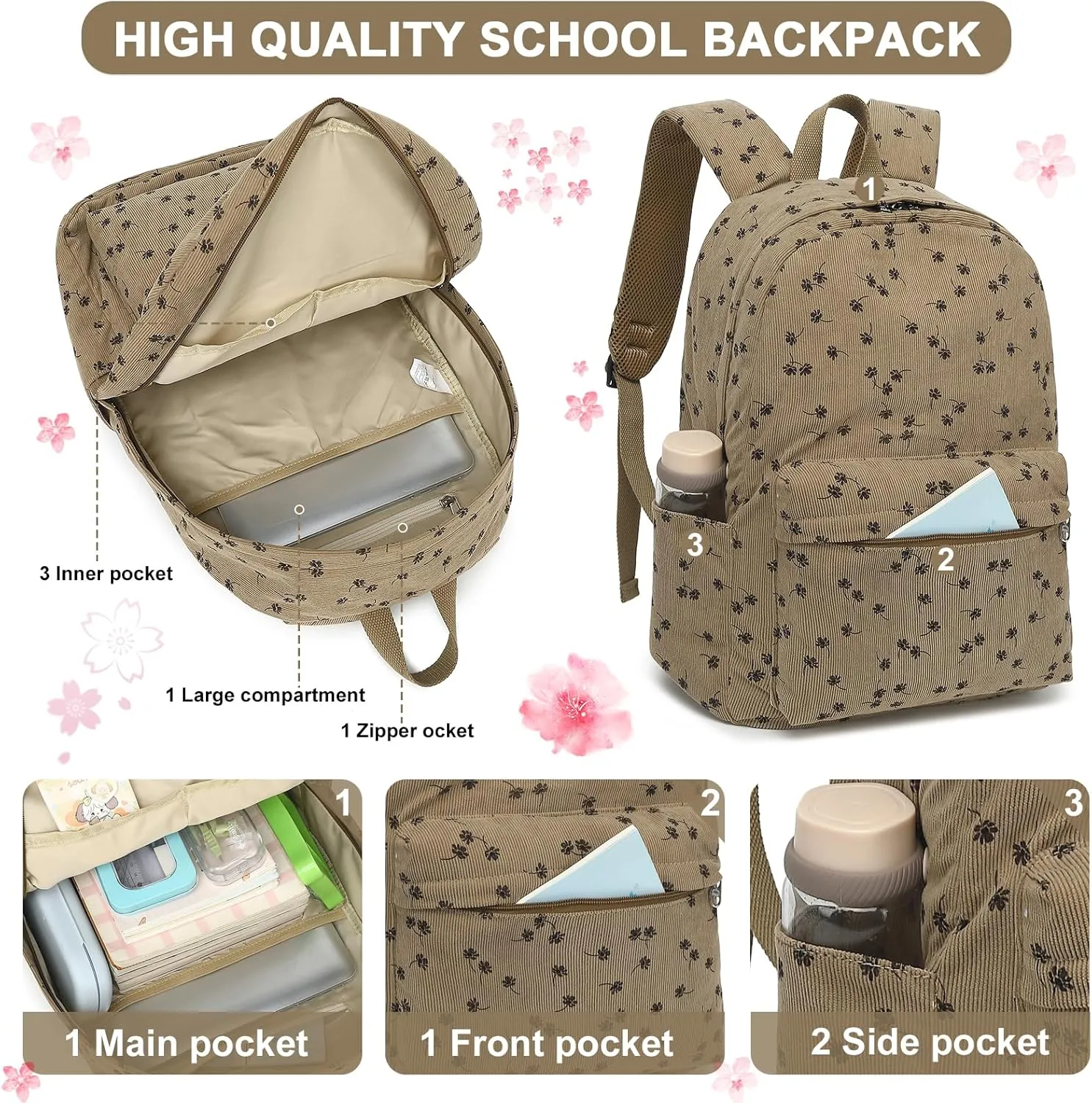 BTOOP School Backpack for Teens Large Corduroy Bookbag Lightweight Girls Boys Casual High School College 17 inch Laptop Travel Bag