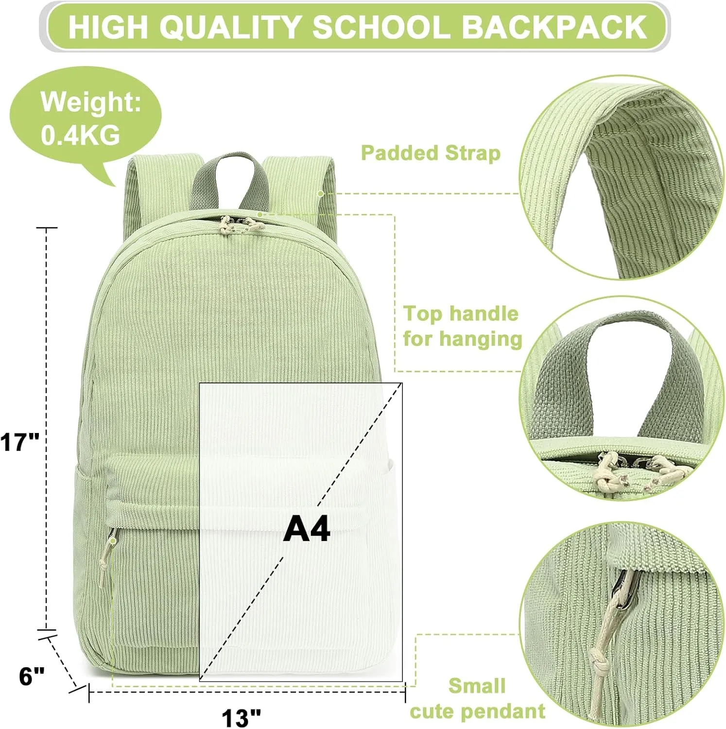 BTOOP School Backpack for Teens Large Corduroy Bookbag Lightweight Girls Boys Casual High School College 17 inch Laptop Travel Bag