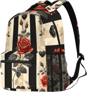 Budxapjw Vintage Roses Travel Laptop Backpack for Women Men Striped Background Waterproof Bag with Adjustable Padded Shoulder Straps for Business Work Travel Hiking Camping