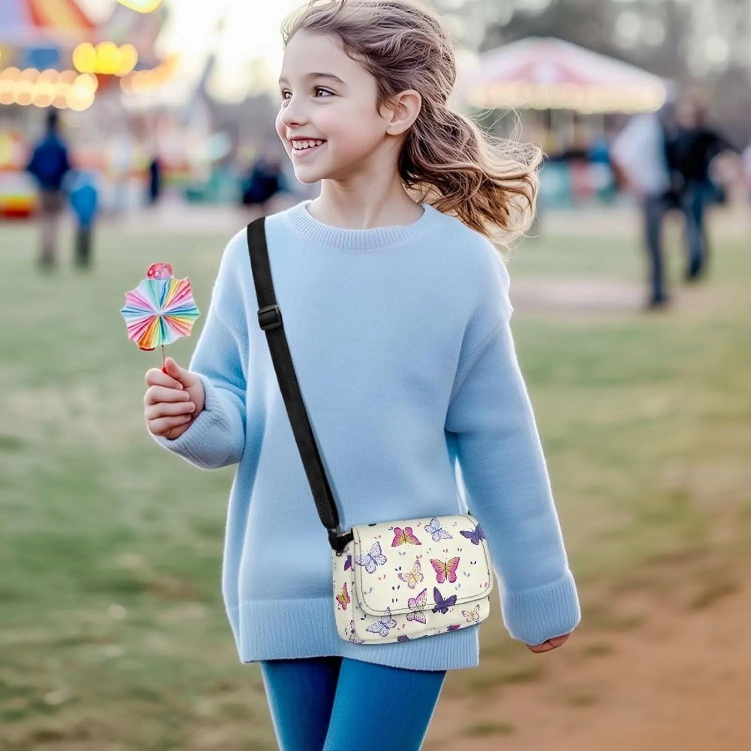 Butterfly Small Crossbody Bag for Girls Mini Flap Crossbody Handbags for Kids Lightweight Sling Bag with Adjustable Shoulder Strap for Travel Walking Hiking
