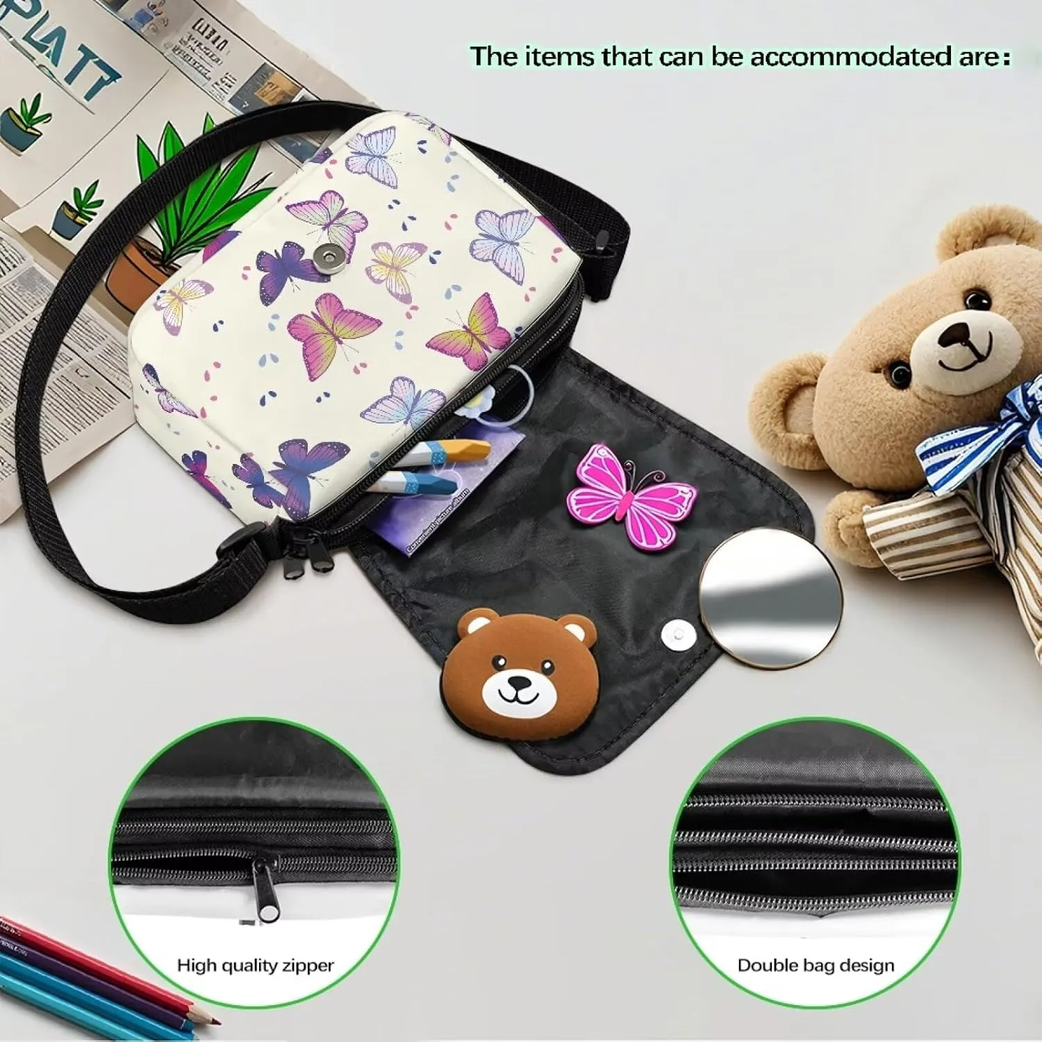 Butterfly Small Crossbody Bag for Girls Mini Flap Crossbody Handbags for Kids Lightweight Sling Bag with Adjustable Shoulder Strap for Travel Walking Hiking