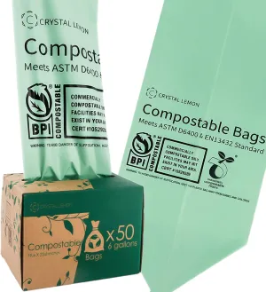 C Crystal Lemon 50 Count Biodegradable Kitchen Food Waste Bags - BPI Certified 6 Gallon Scraps Bags - Heavy Duty Compostable Waste Bags for Kitchen - Unscented Trash Bags 6 Gallon for Yard, Food