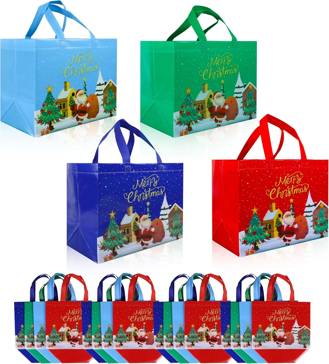 cabzymx Large Christmas Gift Bags 16 Pieces, 12.6 x 6.7 x 9.8 In Reusable Non-woven Holiday Bags for Presents with Bases for Xmas, Gifts Wrapping, New Year, Party-4 Colors