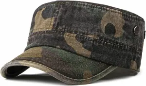 Cadet Army Cap Vintage Camouflage Hats for Men Women Flat Top Baseball Caps Camo Cadet Combat Fishing Cap Adjustable