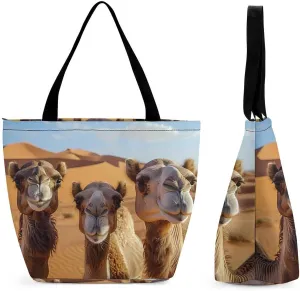 Camels in Desert Photos Tote Bag for Women Reusable Beach Shoulder Bag Lightweight Grocery Bags Travel Handbag