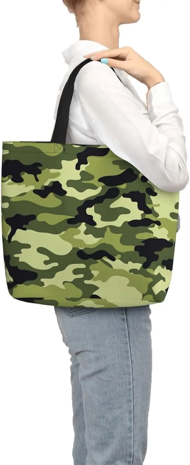 Camo Green Print Tote Bags Reusable Grocery Bag Shoulde Bag Handbag For Office Shopping Travel Women Casual Work