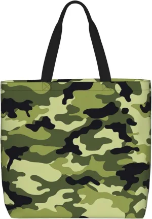 Camo Green Print Tote Bags Reusable Grocery Bag Shoulde Bag Handbag For Office Shopping Travel Women Casual Work