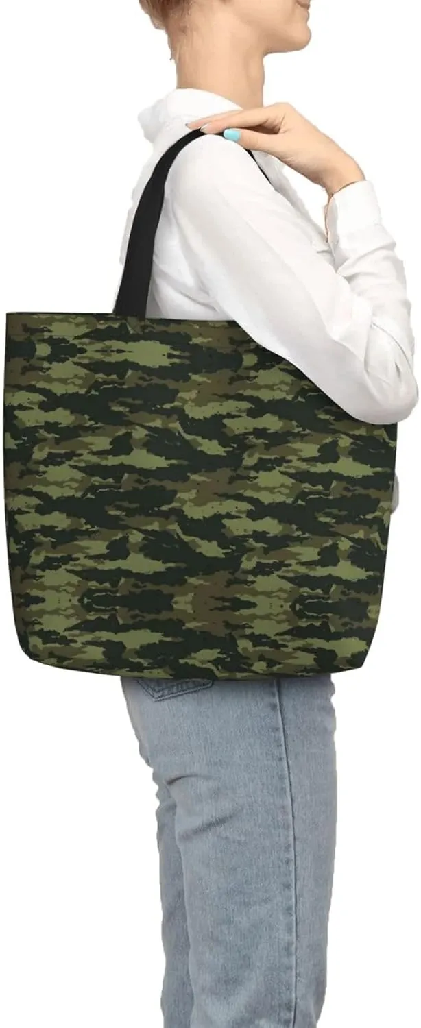 Camo Green Print Tote Bags Reusable Grocery Bag Shoulde Bag Handbag For Office Shopping Travel Women Casual Work