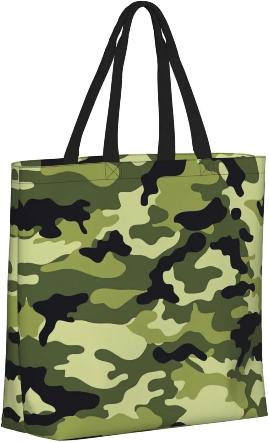 Camo Green Print Tote Bags Reusable Grocery Bag Shoulde Bag Handbag For Office Shopping Travel Women Casual Work