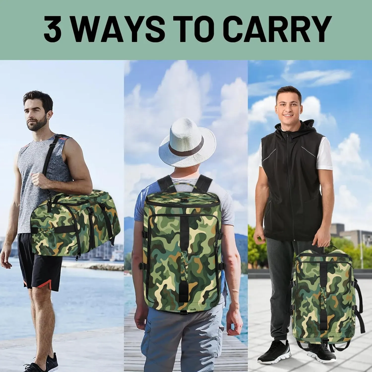 Camo Printed Gym Bags for Men Women Sports Backpack with Shoe Compartment 3-in-1 Tactical Duffle Bag for Overnight Weekender Travel