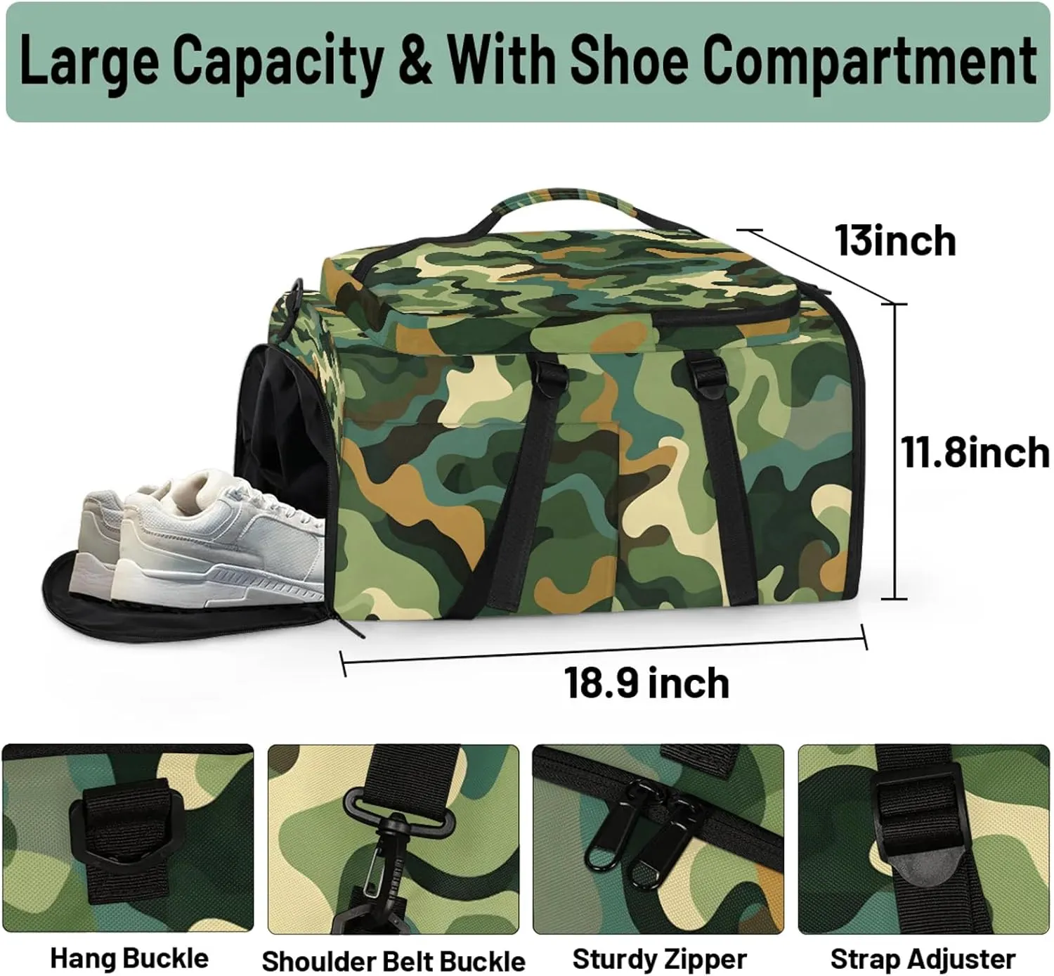 Camo Printed Gym Bags for Men Women Sports Backpack with Shoe Compartment 3-in-1 Tactical Duffle Bag for Overnight Weekender Travel