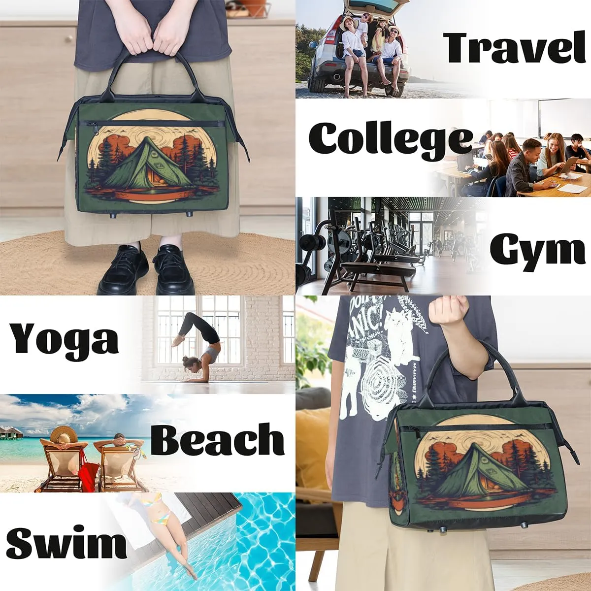 Camping Tent Forest Travel Duffle Bag, Waterproof Duffel Bag Weekender Overnight Carry On Bag Lightweight Sport Gym Bag for Men Women