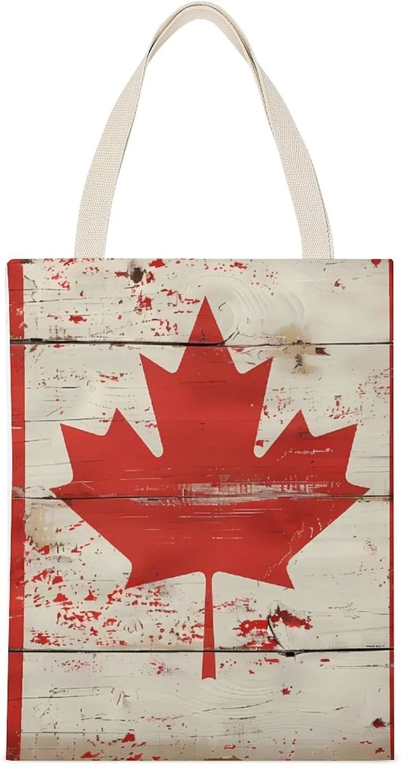 Canada Flag Grunge Wood Printed Canvas Tote Bags Shoulder Bag Reusable Grocery Shopping Handbag DIY Gifts 14"x18"