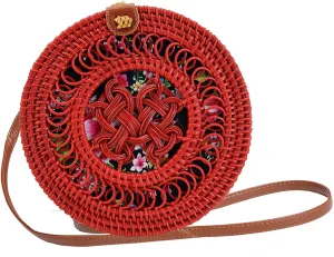 Candy Colors Handwoven Round Rattan Shoulders Handbags Natural Chic Hand Tropical Beach Style with Leather Strap