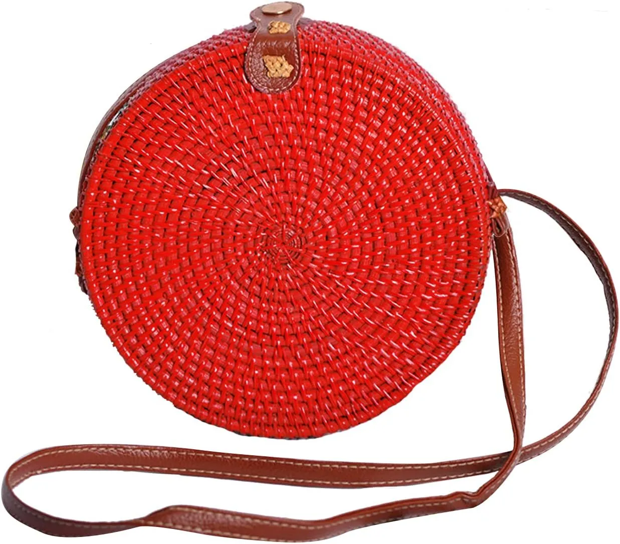 Candy Colors Handwoven Round Rattan Shoulders Handbags Natural Chic Hand Tropical Beach Style with Leather Strap