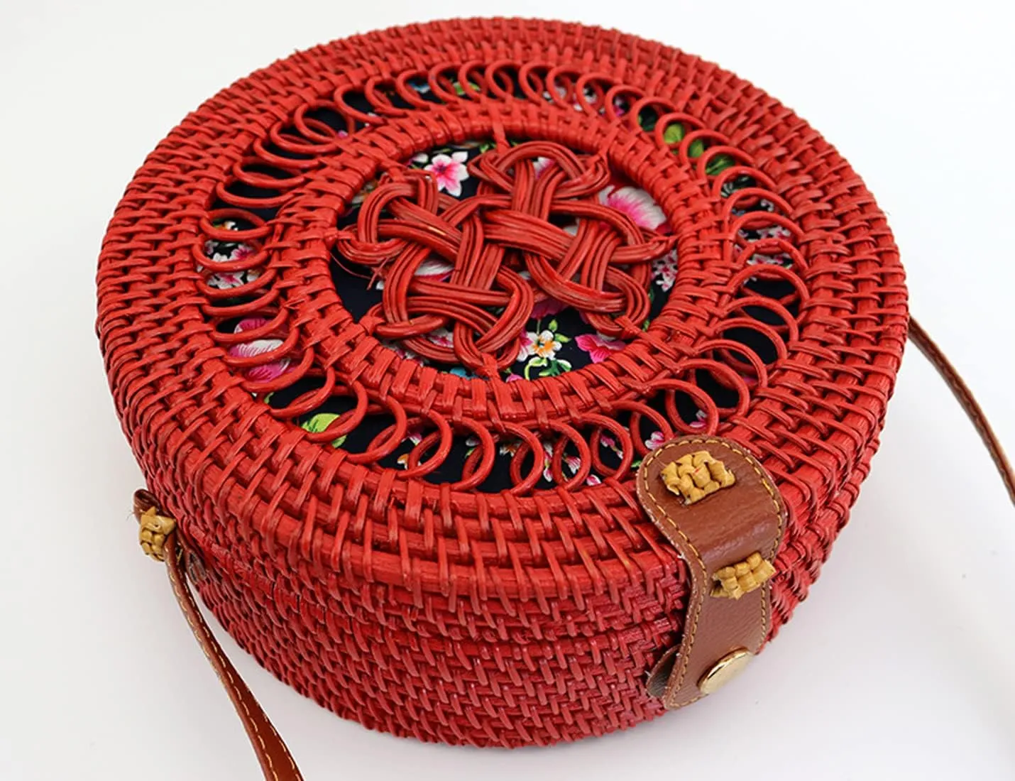 Candy Colors Handwoven Round Rattan Shoulders Handbags Natural Chic Hand Tropical Beach Style with Leather Strap