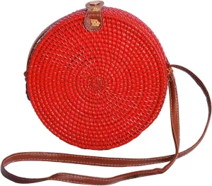 Candy Colors Handwoven Round Rattan Shoulders Handbags Natural Chic Hand Tropical Beach Style with Leather Strap