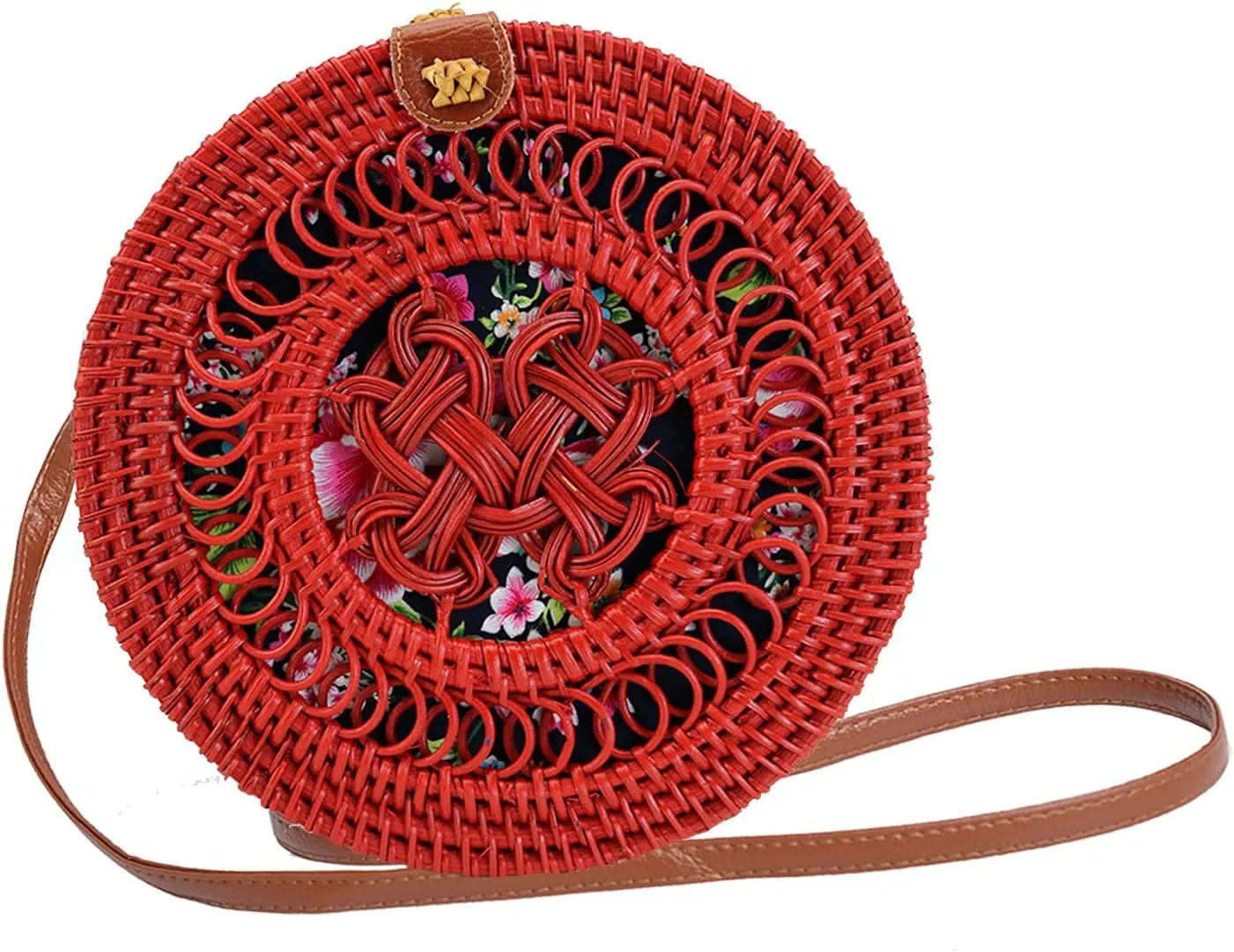 Candy Colors Handwoven Round Rattan Shoulders Handbags Natural Chic Hand Tropical Beach Style with Leather Strap