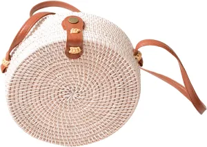 Candy Colors Handwoven Round Rattan Shoulders Handbags Natural Chic Hand Tropical Beach Style with Leather Strap
