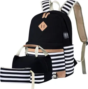 Canvas School Bags Striped Rucksack Casual Daypack Laptop Backpack College Student Bag Backpack for Women Teenage Girls, with Lunch Box Bag Pencil Case