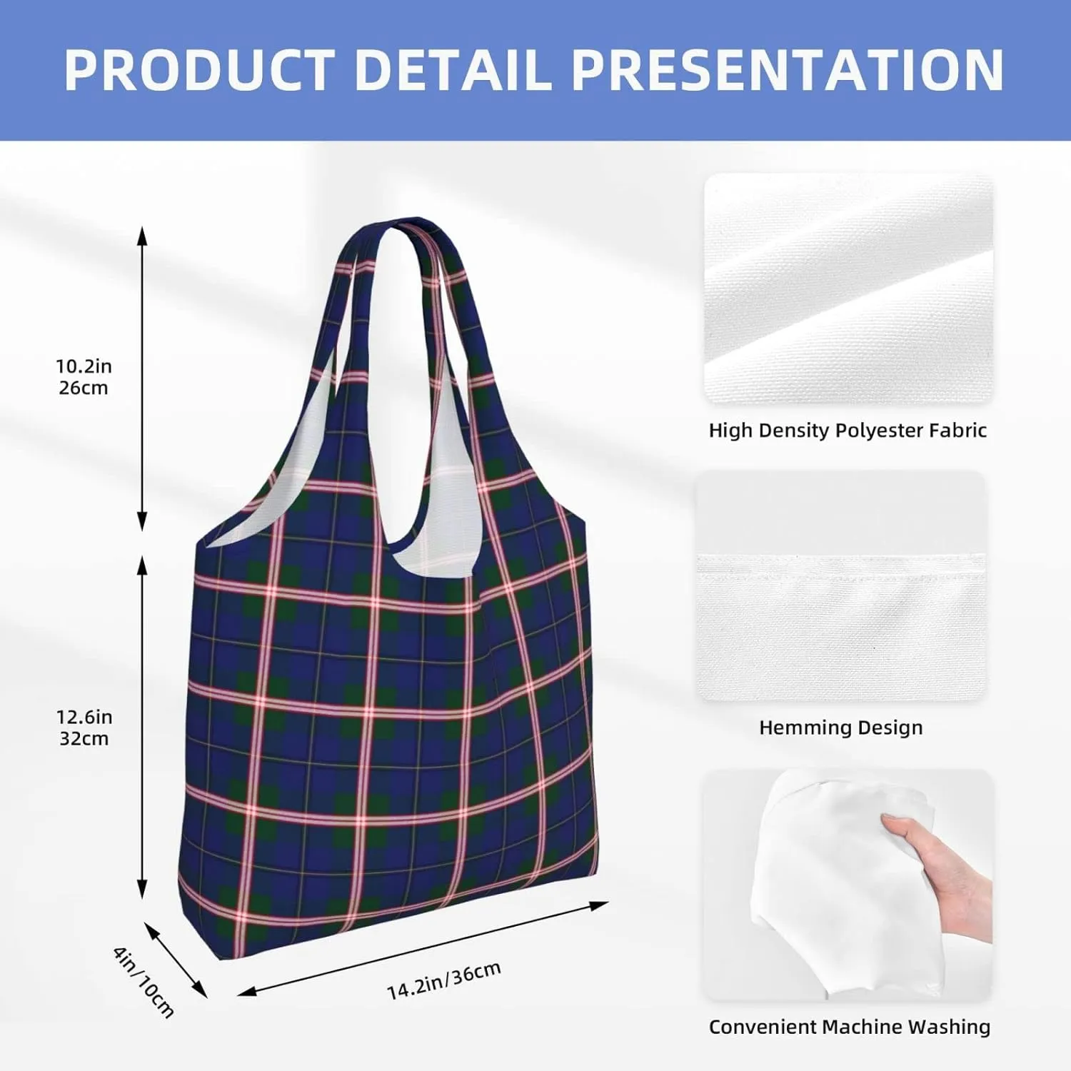 Canvas Shoulder Tote Bags For Women And Men, Reusable Grocery Bags, Large Capacity Carmichael Modern Tartan Printed