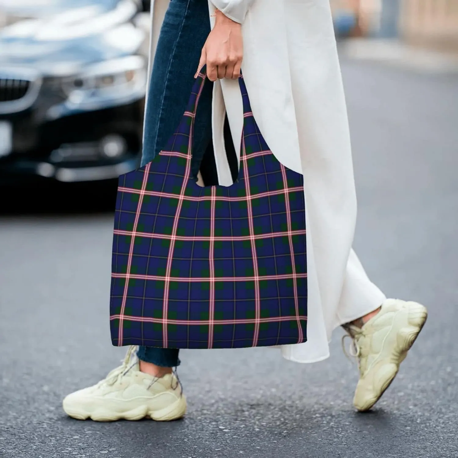 Canvas Shoulder Tote Bags For Women And Men, Reusable Grocery Bags, Large Capacity Carmichael Modern Tartan Printed