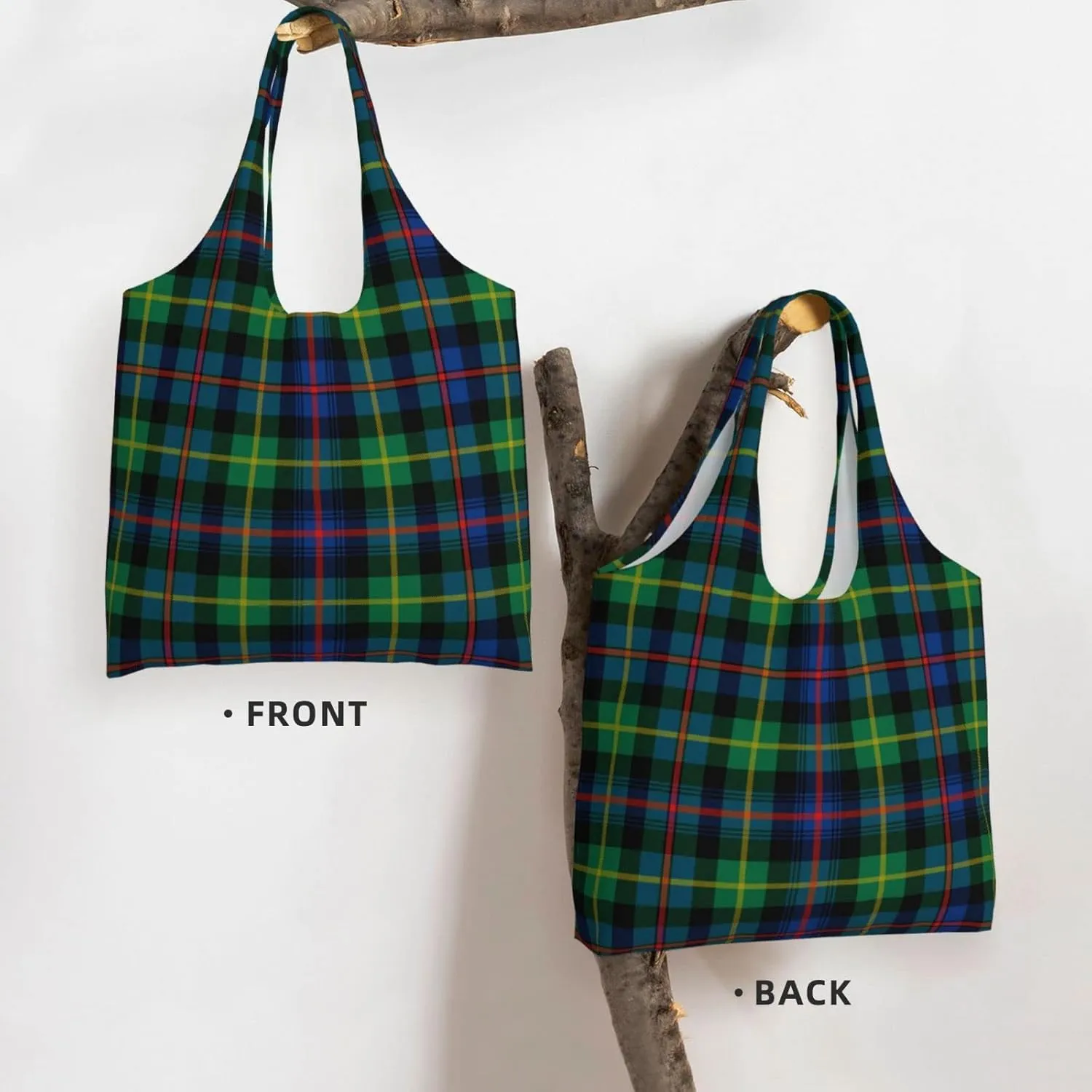 Canvas Shoulder Tote Bags For Women And Men, Reusable Grocery Bags, Large Capacity Fletcher Modern Tartan Printed