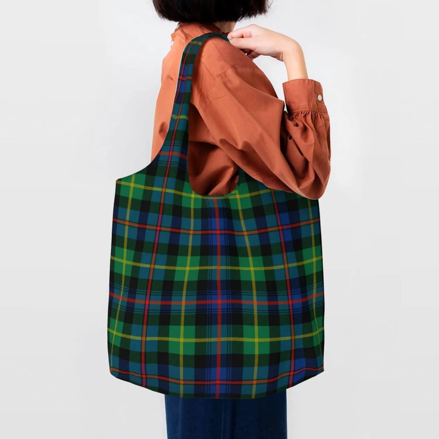 Canvas Shoulder Tote Bags For Women And Men, Reusable Grocery Bags, Large Capacity Fletcher Modern Tartan Printed