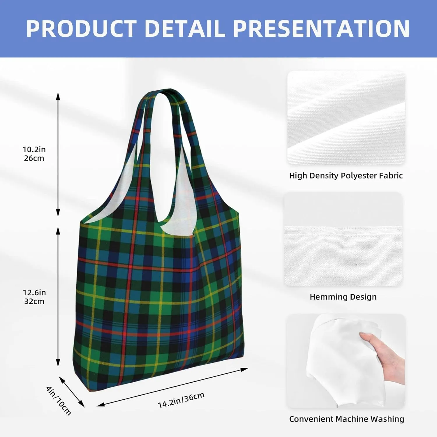 Canvas Shoulder Tote Bags For Women And Men, Reusable Grocery Bags, Large Capacity Fletcher Modern Tartan Printed