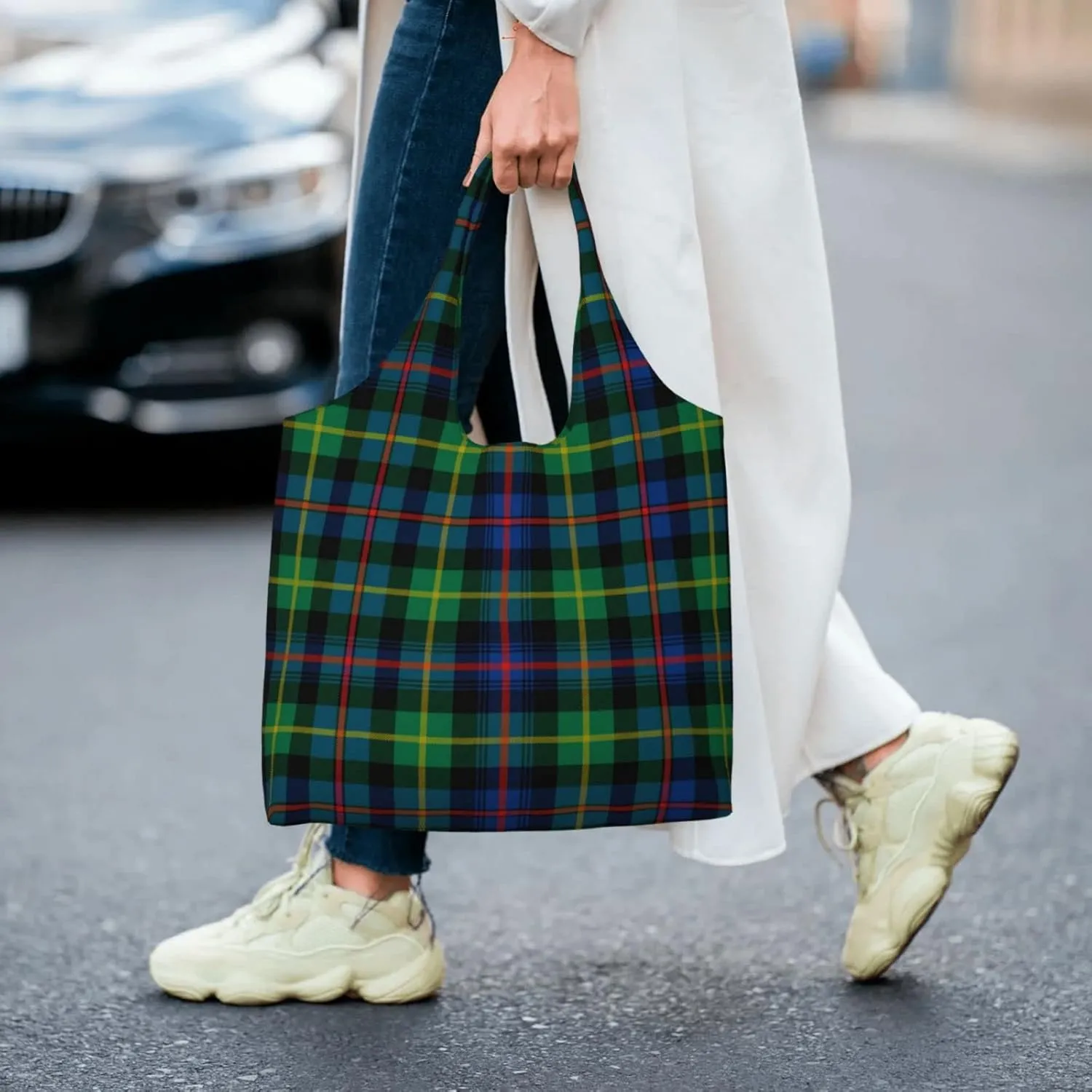 Canvas Shoulder Tote Bags For Women And Men, Reusable Grocery Bags, Large Capacity Fletcher Modern Tartan Printed