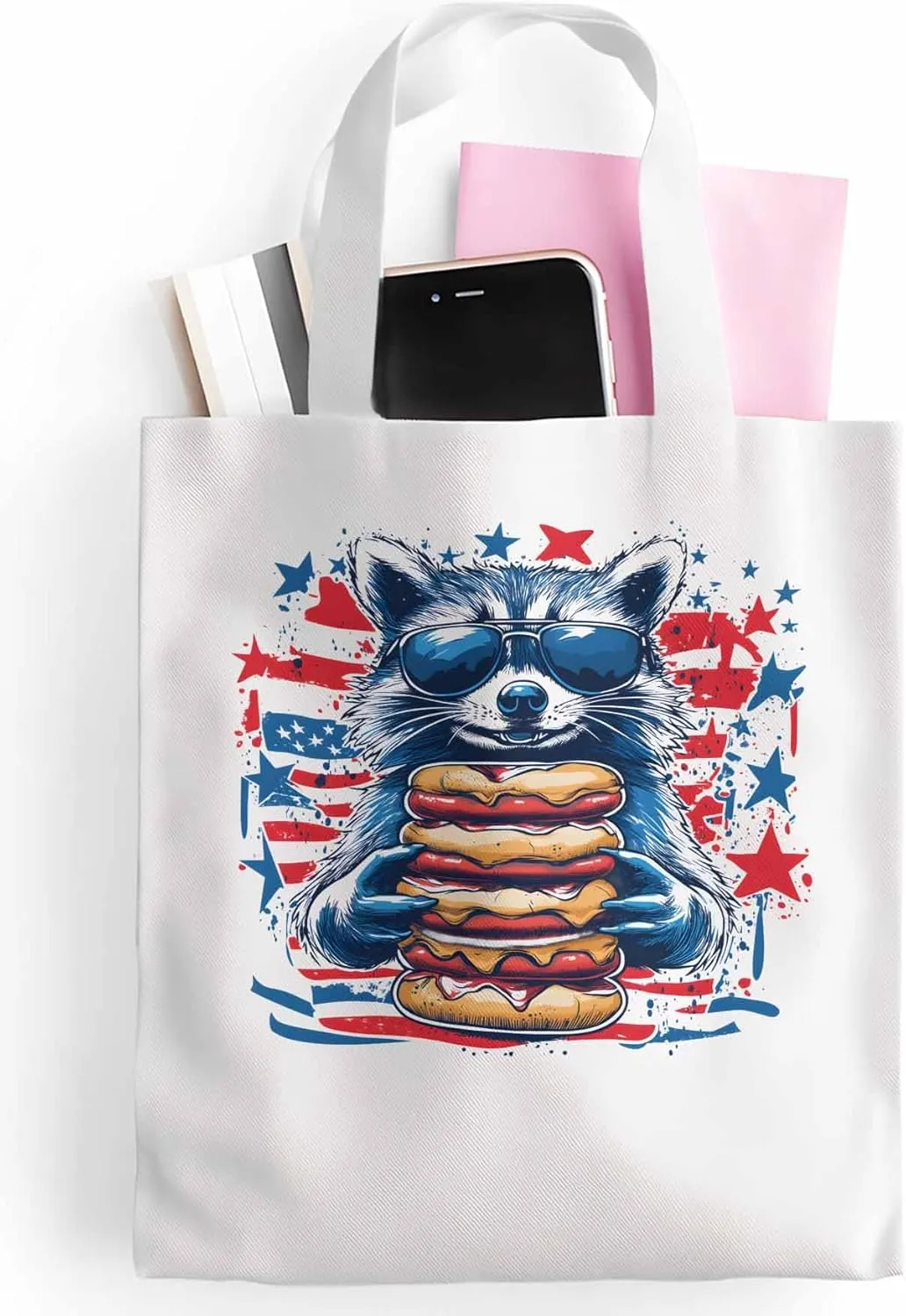 Canvas Tote Bag Raccoon Hamburger Reusable Grocery Shopping Bags with Handle, Star Stripe Large Canvas