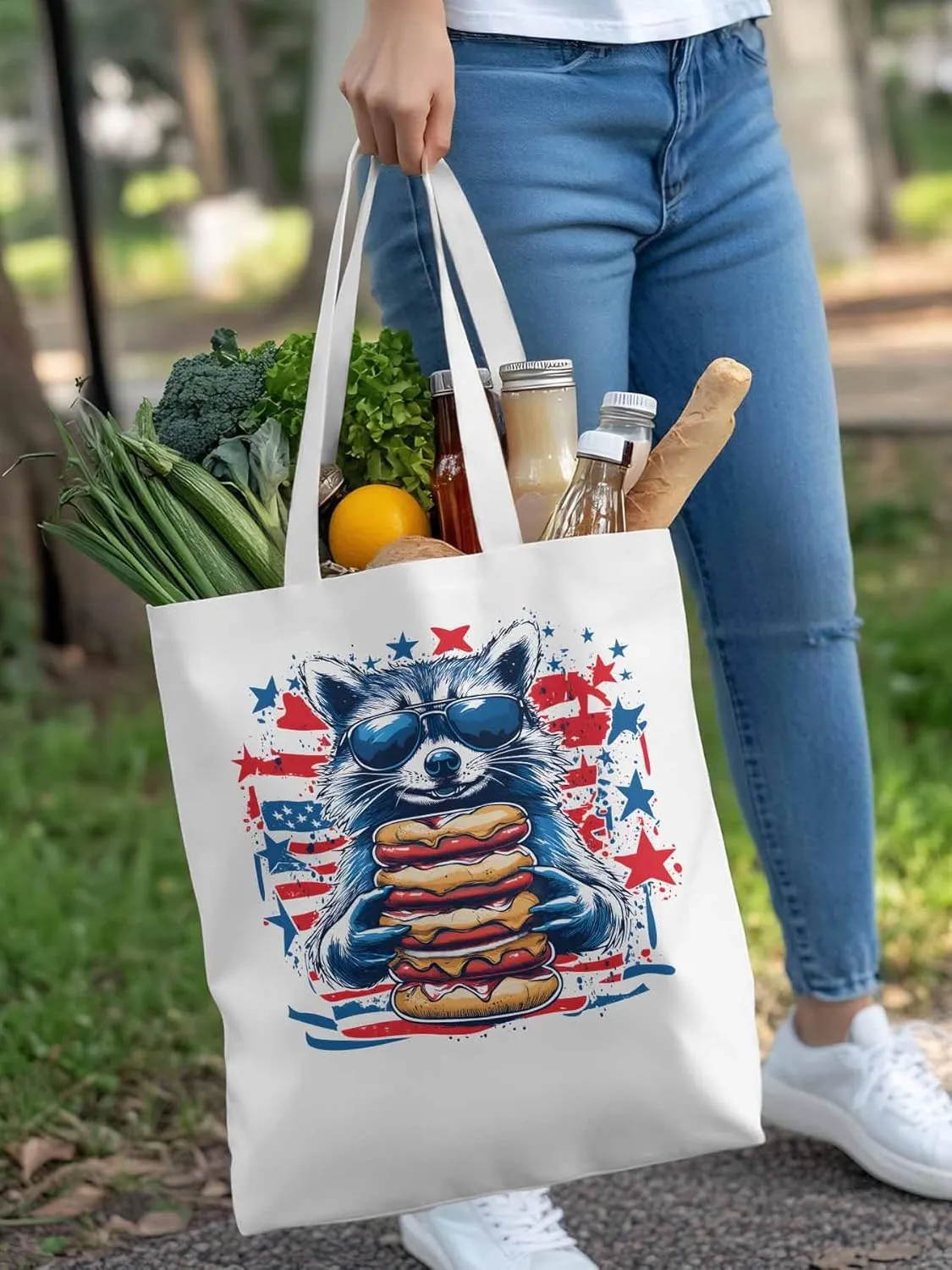 Canvas Tote Bag Raccoon Hamburger Reusable Grocery Shopping Bags with Handle, Star Stripe Large Canvas