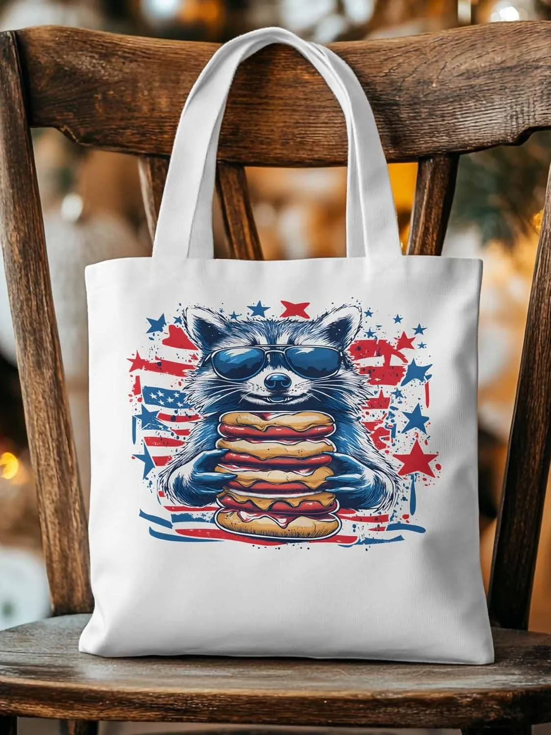 Canvas Tote Bag Raccoon Hamburger Reusable Grocery Shopping Bags with Handle, Star Stripe Large Canvas