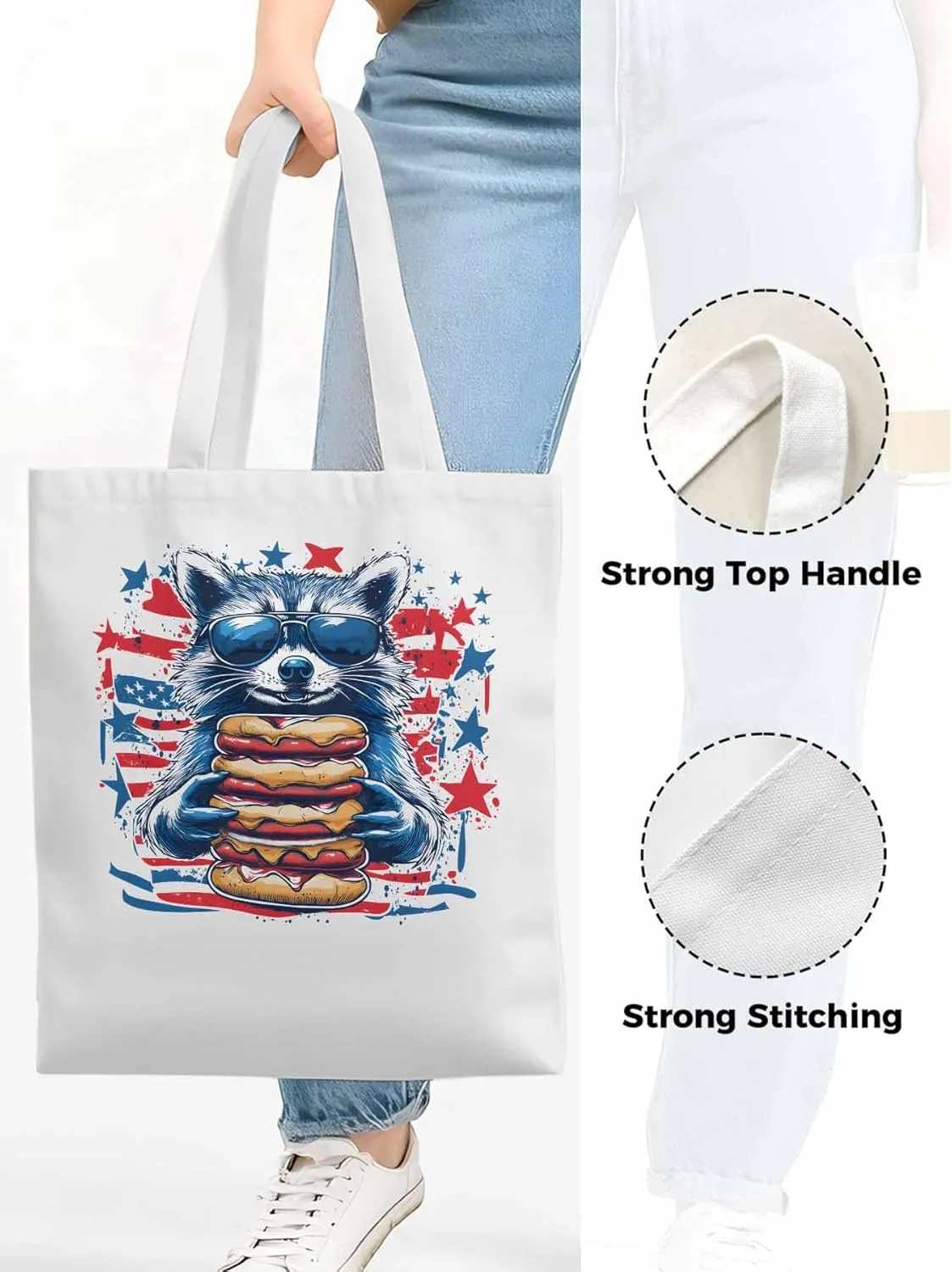 Canvas Tote Bag Raccoon Hamburger Reusable Grocery Shopping Bags with Handle, Star Stripe Large Canvas