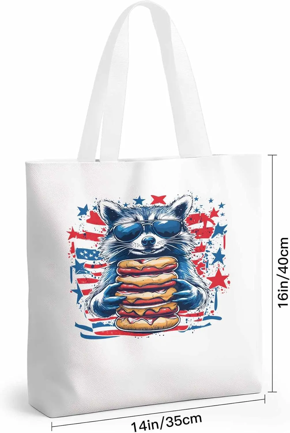 Canvas Tote Bag Raccoon Hamburger Reusable Grocery Shopping Bags with Handle, Star Stripe Large Canvas