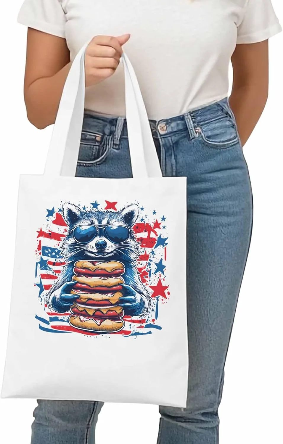 Canvas Tote Bag Raccoon Hamburger Reusable Grocery Shopping Bags with Handle, Star Stripe Large Canvas