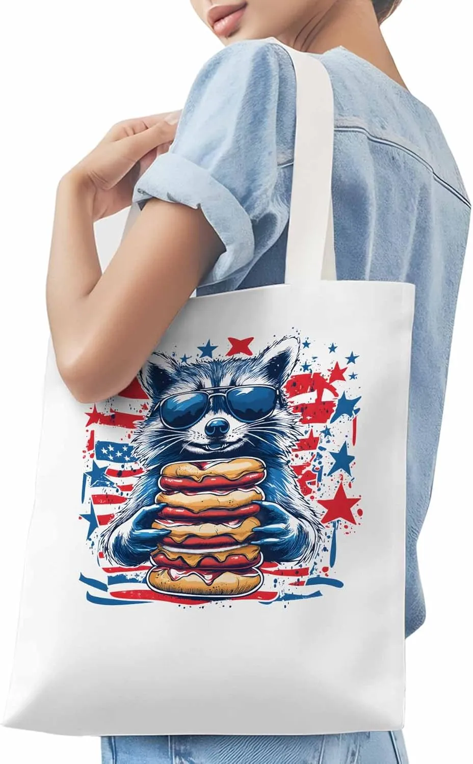 Canvas Tote Bag Raccoon Hamburger Reusable Grocery Shopping Bags with Handle, Star Stripe Large Canvas