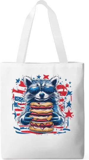 Canvas Tote Bag Raccoon Hamburger Reusable Grocery Shopping Bags with Handle, Star Stripe Large Canvas