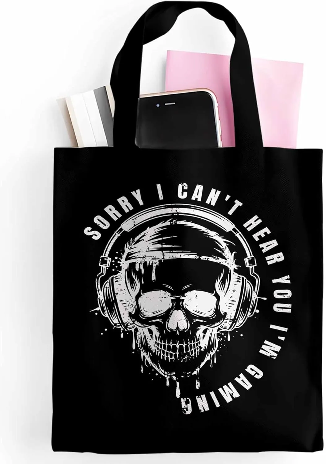 Canvas Tote Bag Skull Headphone Reusable Grocery Shopping Bags with Handle, Funny Text Large Canvas