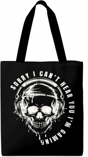 Canvas Tote Bag Skull Headphone Reusable Grocery Shopping Bags with Handle, Funny Text Large Canvas