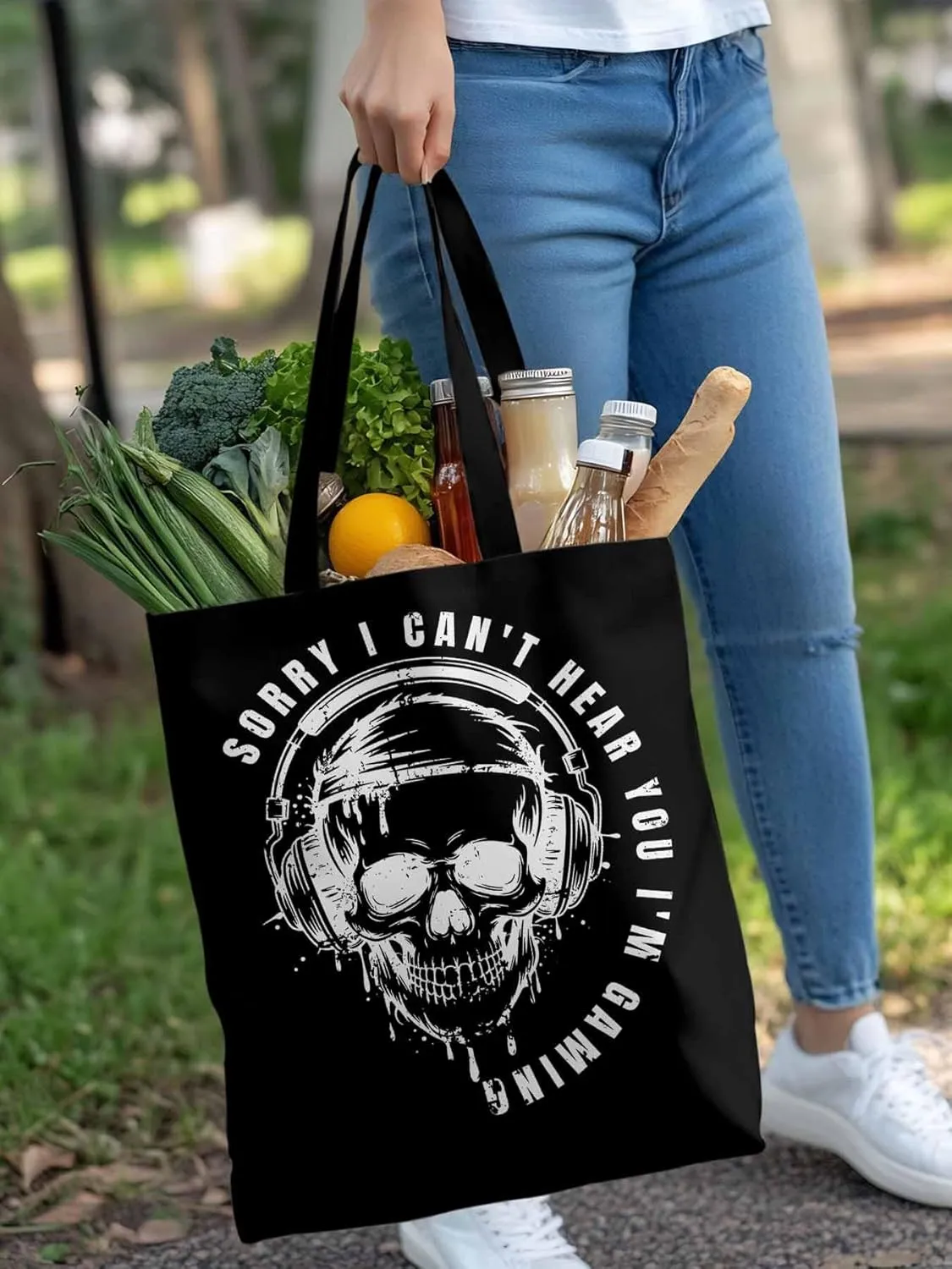 Canvas Tote Bag Skull Headphone Reusable Grocery Shopping Bags with Handle, Funny Text Large Canvas