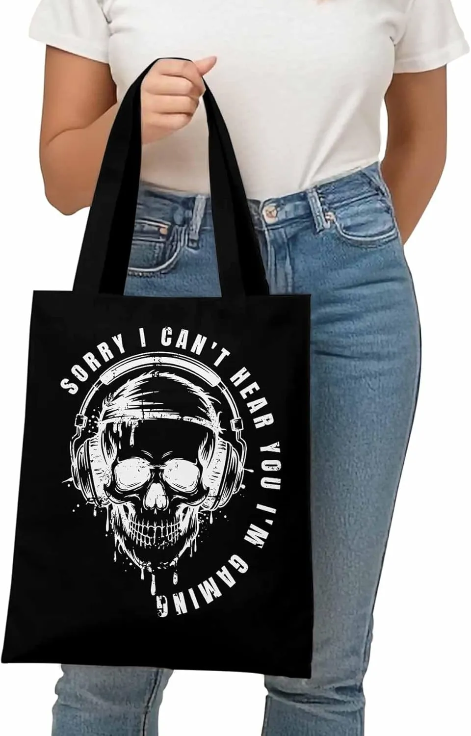 Canvas Tote Bag Skull Headphone Reusable Grocery Shopping Bags with Handle, Funny Text Large Canvas