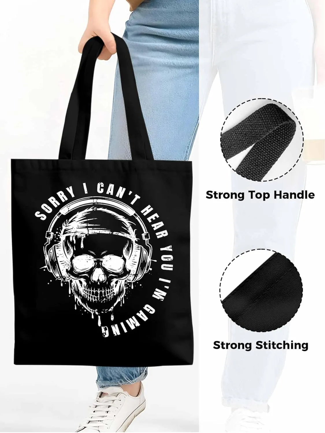 Canvas Tote Bag Skull Headphone Reusable Grocery Shopping Bags with Handle, Funny Text Large Canvas
