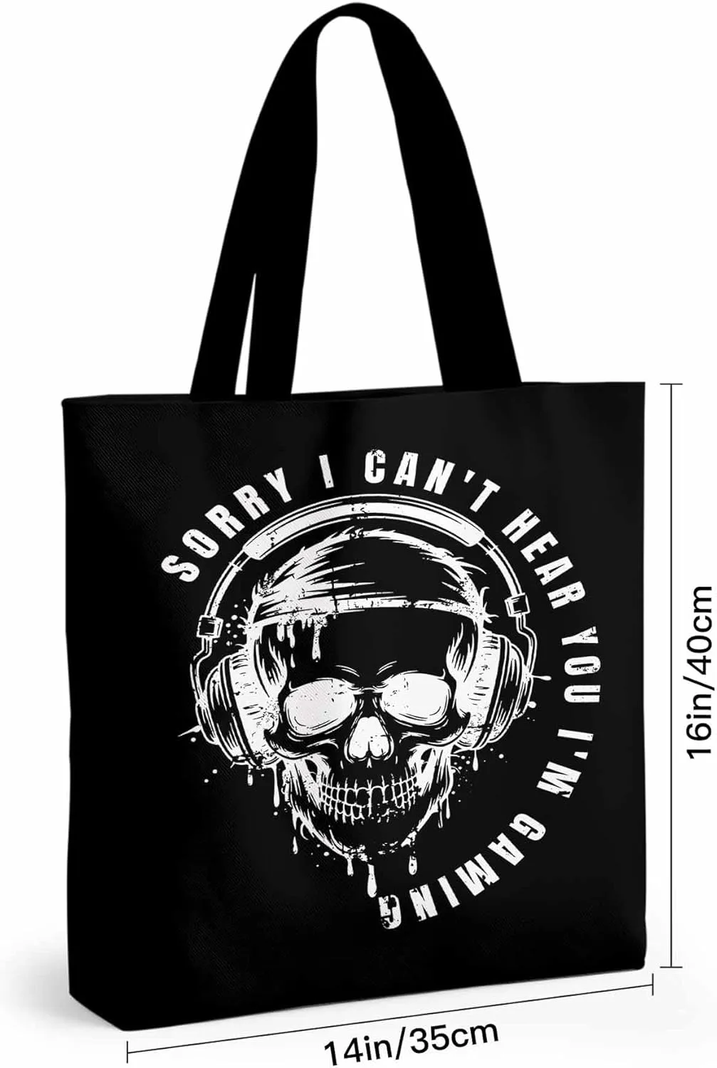 Canvas Tote Bag Skull Headphone Reusable Grocery Shopping Bags with Handle, Funny Text Large Canvas